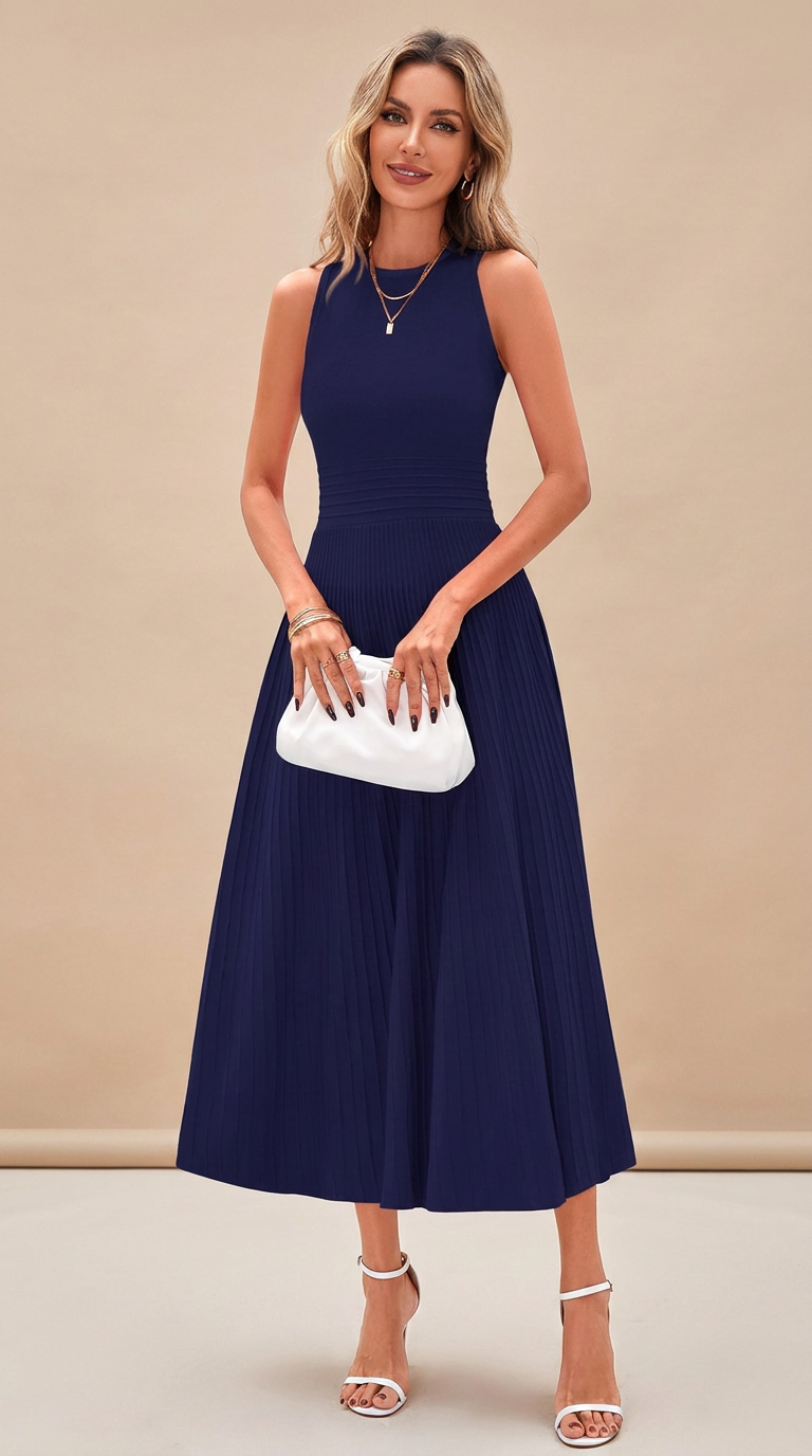 Pleated Ribbed Knit Midi Dress - Navy