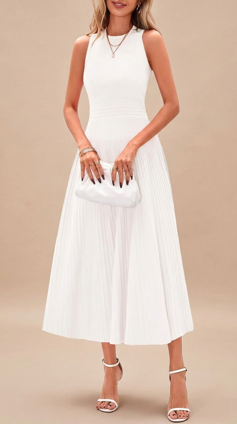 Pleated Ribbed Knit Midi Dress - White