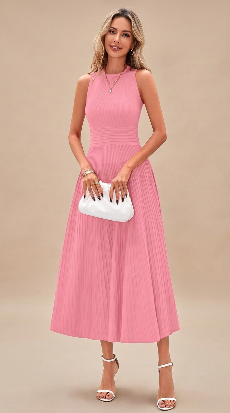 Pleated Ribbed Knit Midi Dress - Pink
