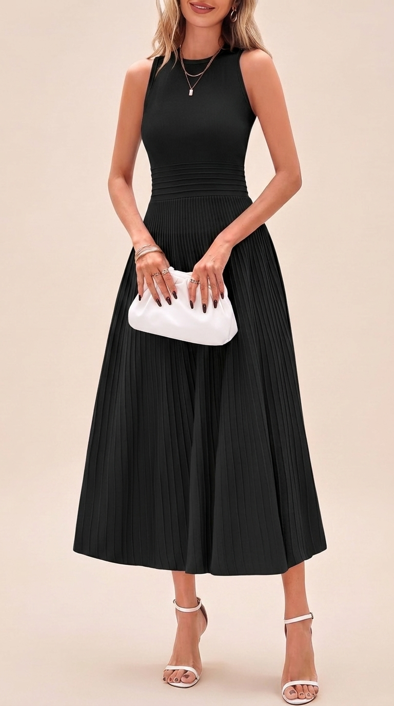 Pleated Ribbed Knit Midi Dress - Black