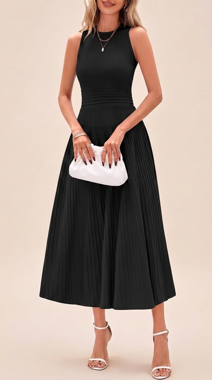 Pleated Ribbed Knit Midi Dress - Black